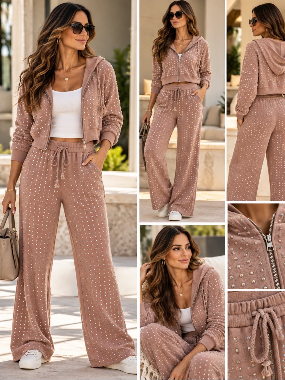 Boutique style blush pink Wide-Leg pants and cropped hoodie with rhinestones